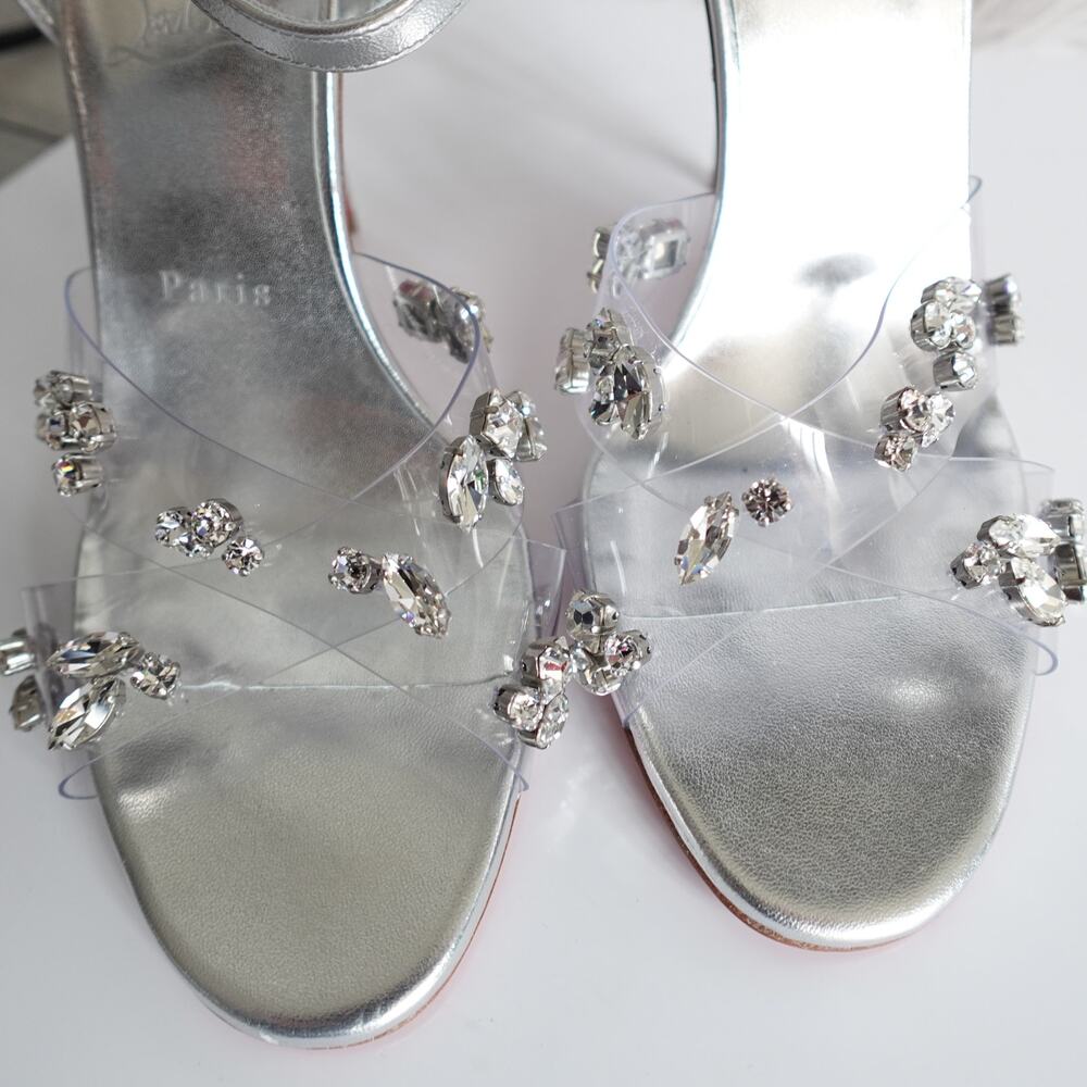Christian Louboutin Degrasandal Queen 100 Silver Leather PVC Crystal Pumps 40 - Picture 7 of 16